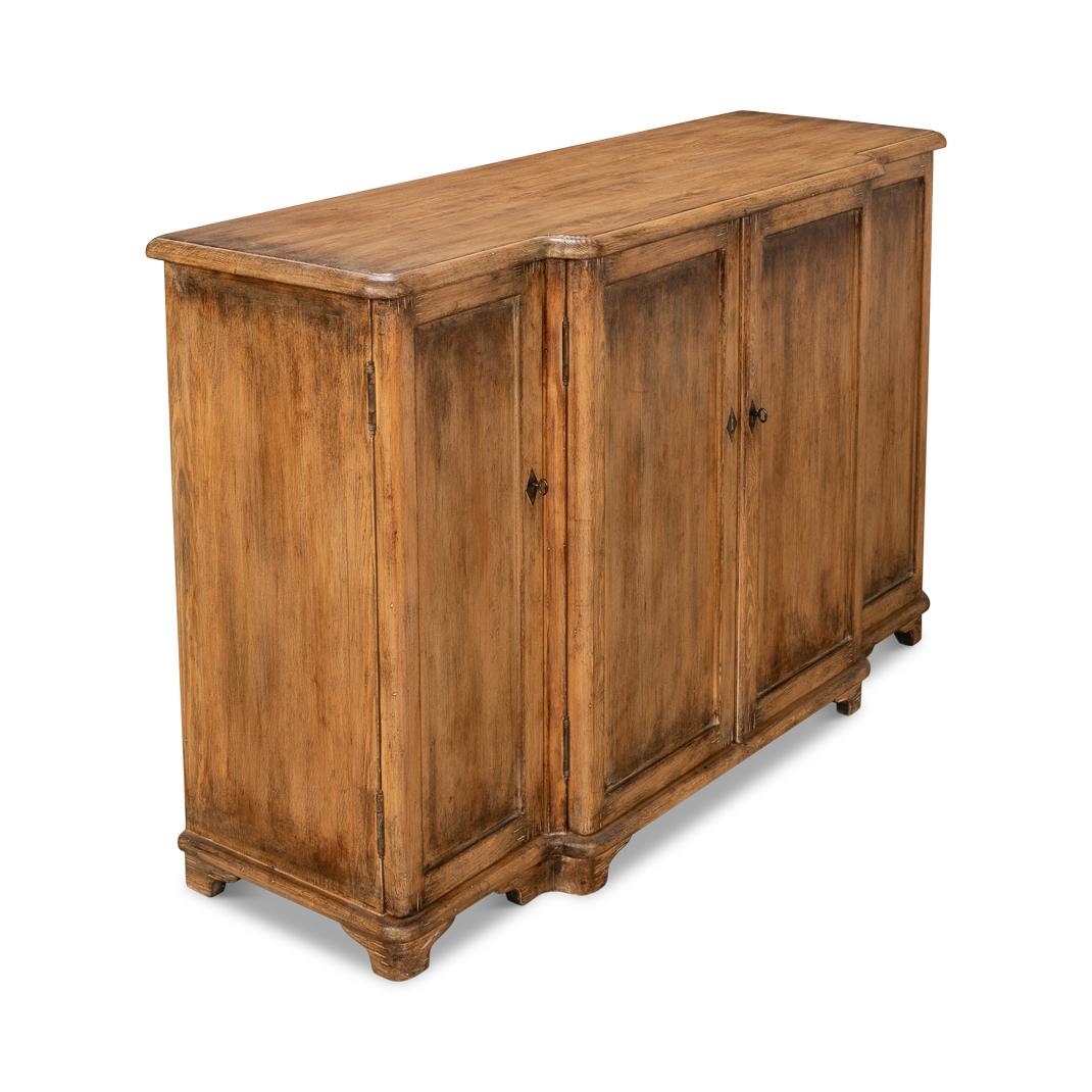 Wood French Country Pine Breakfront Credenza For Sale