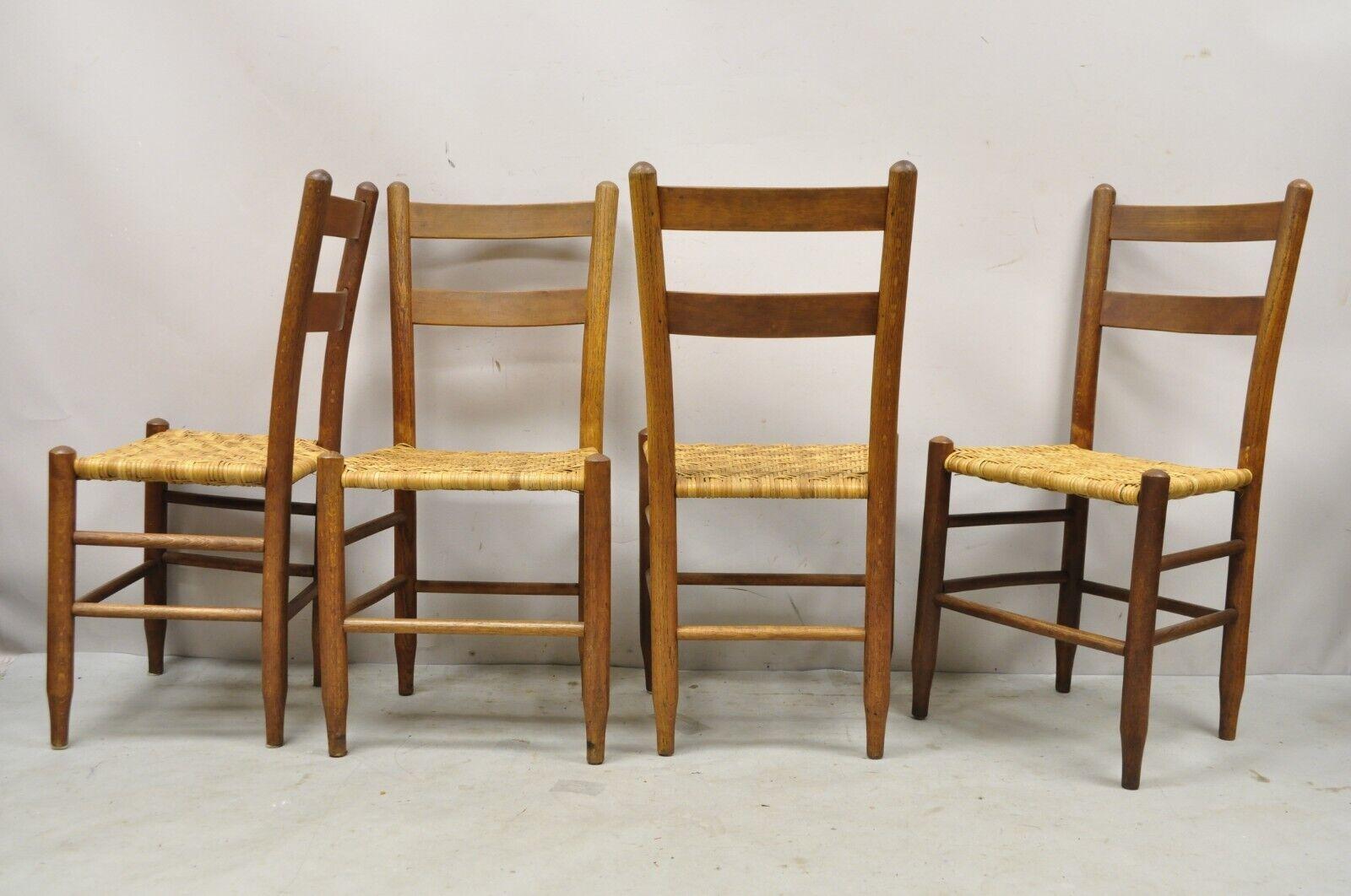 French Country Primitive Oak Ladderback Small Rattan Dining Chairs, Set of 4 5