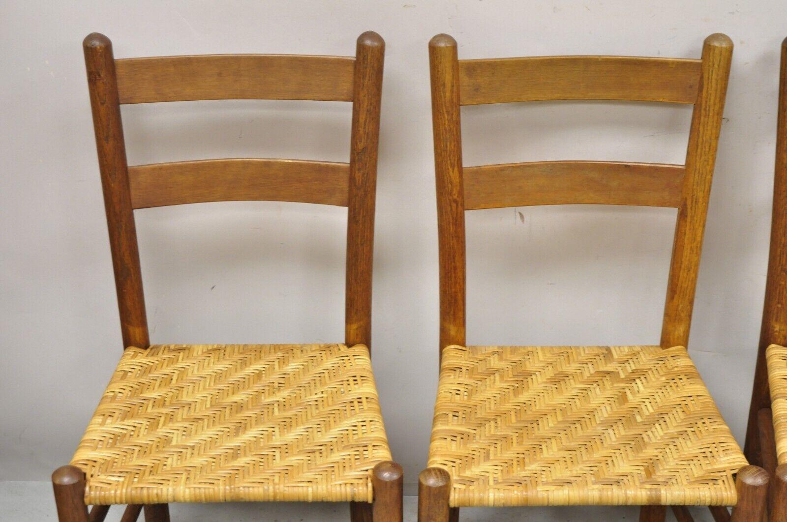 French Country Primitive Oak Ladderback Small Rattan Dining Chairs, Set of 4 In Good Condition In Philadelphia, PA