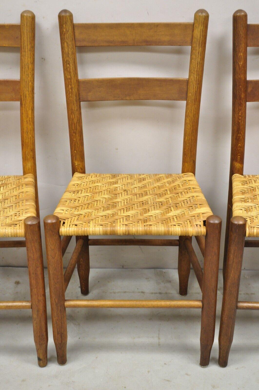 20th Century French Country Primitive Oak Ladderback Small Rattan Dining Chairs, Set of 4