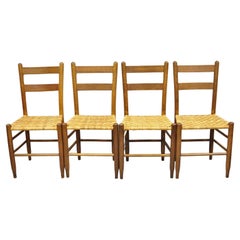 Antique French Country Primitive Oak Ladderback Small Rattan Dining Chairs, Set of 4