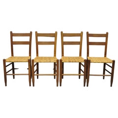 Antique French Country Primitive Oak Ladderback Small Rattan Dining Chairs, Set of 4