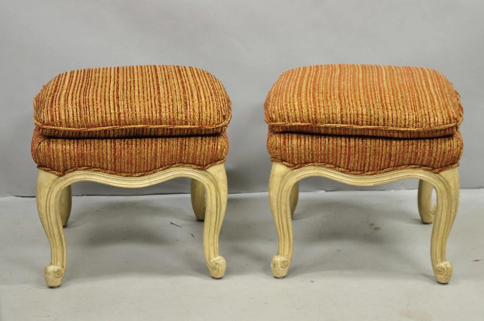 Vintage French Country Provincial Cabriole Leg Orange Square Footstool Ottomans By Interior Crafts with Cream Distress Painted Wooden Bases - a Pair. Circa Late 20th Century. Dimensions : 17