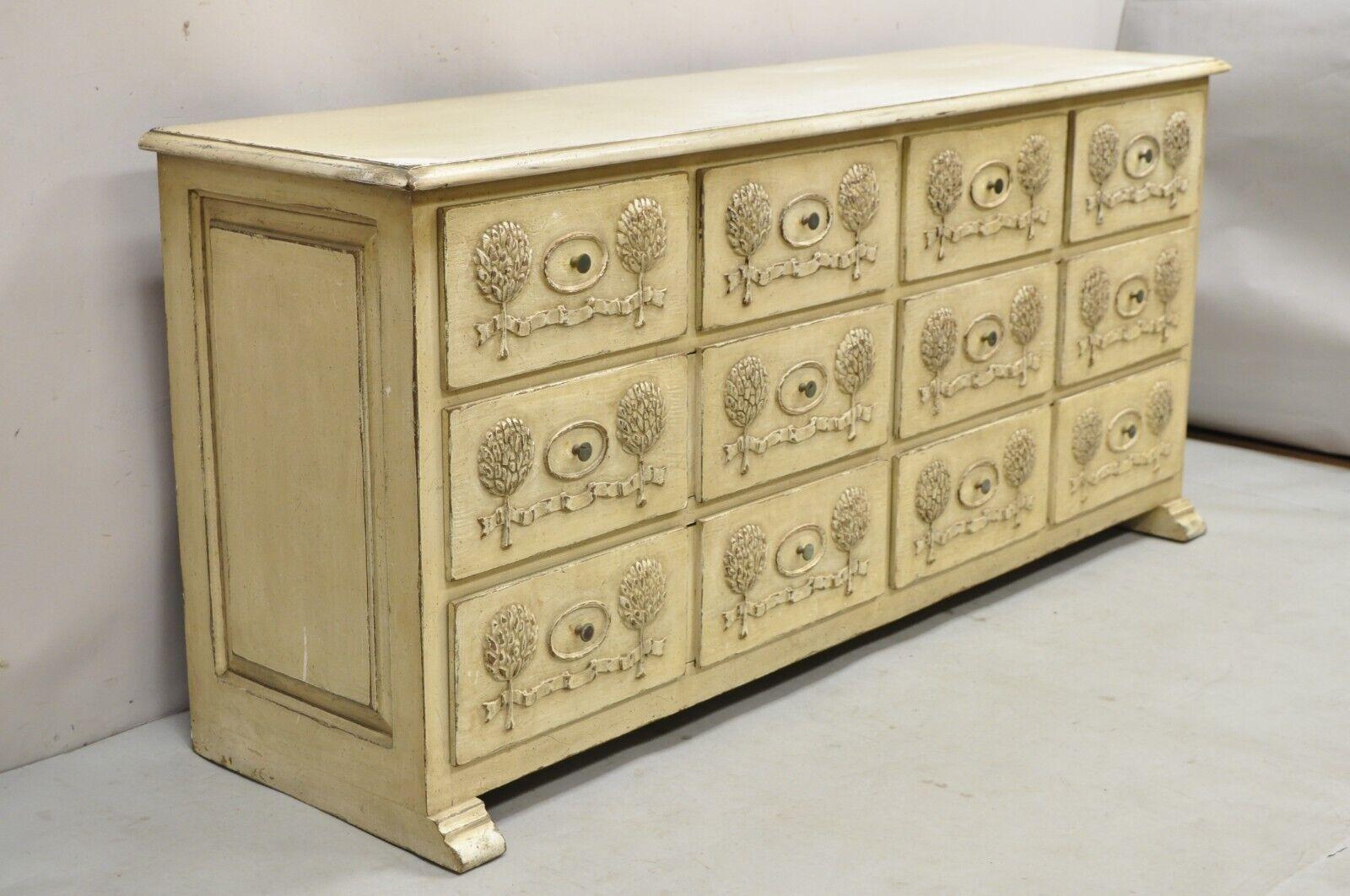 Vintage French Country Provincial Style Cream Distress Painted 8 Drawer Chest of Drawers by Roundtree Country Reproductions. Item features 8 dovetailed drawers, cream distress painted finish, heavy solid wood construction, hand carved drawers