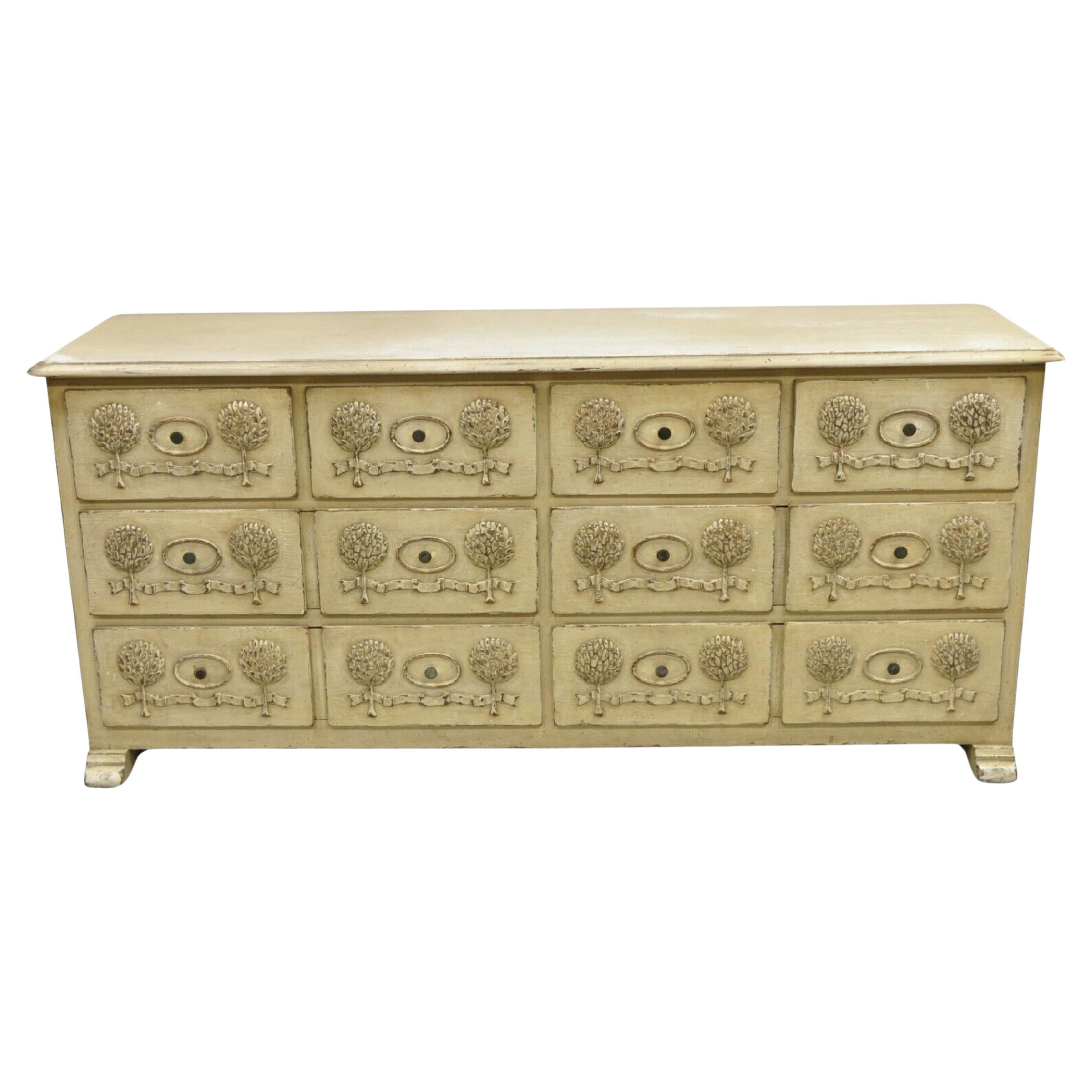 French Country Provincial Cream Distress Painted 8 Drawer Dresser by Roundtree For Sale