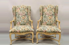 French Country Provincial Louis XV Style Upholstered Wingback Lounge Chairs Pair