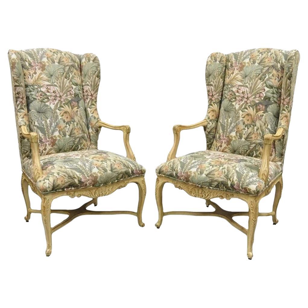 French Country Provincial Louis XV Style Upholstered Wingback Lounge Chairs Pair