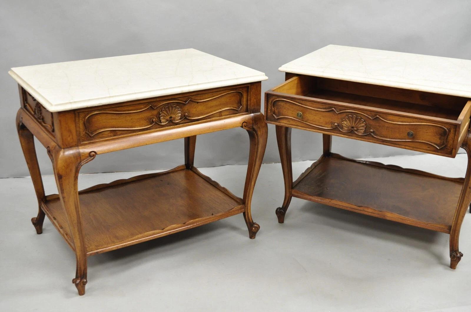 French Country Provincial Rectangle Travertine Marble Top Walnut End Table Pair For Sale 4