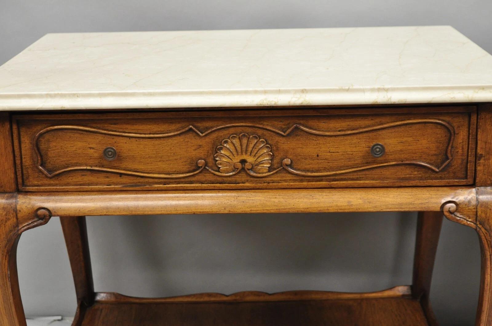 French Country Provincial Rectangle Travertine Marble Top Walnut End Table Pair For Sale 6