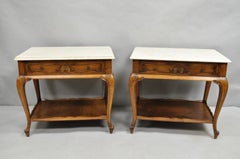 French Country Provincial Rectangle Travertine Marble Top Walnut End Table Pair