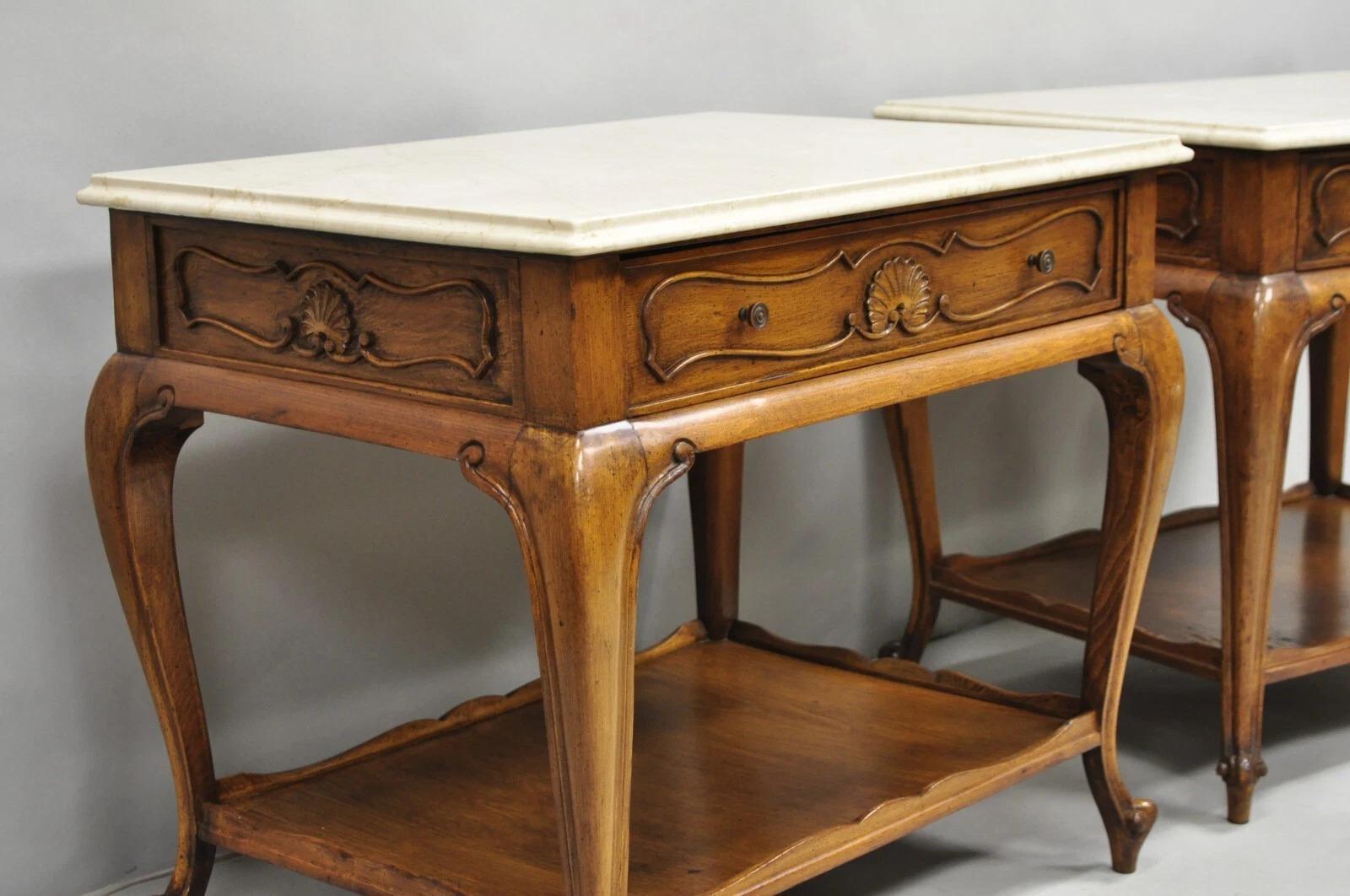 Other French Country Provincial Rectangle Travertine Marble Top Walnut End Table Pair For Sale