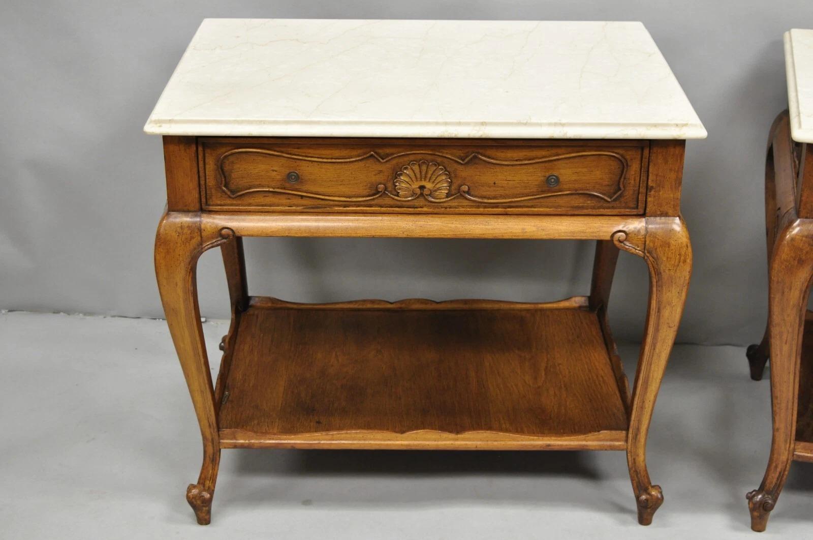 Unknown French Country Provincial Rectangle Travertine Marble Top Walnut End Table Pair For Sale