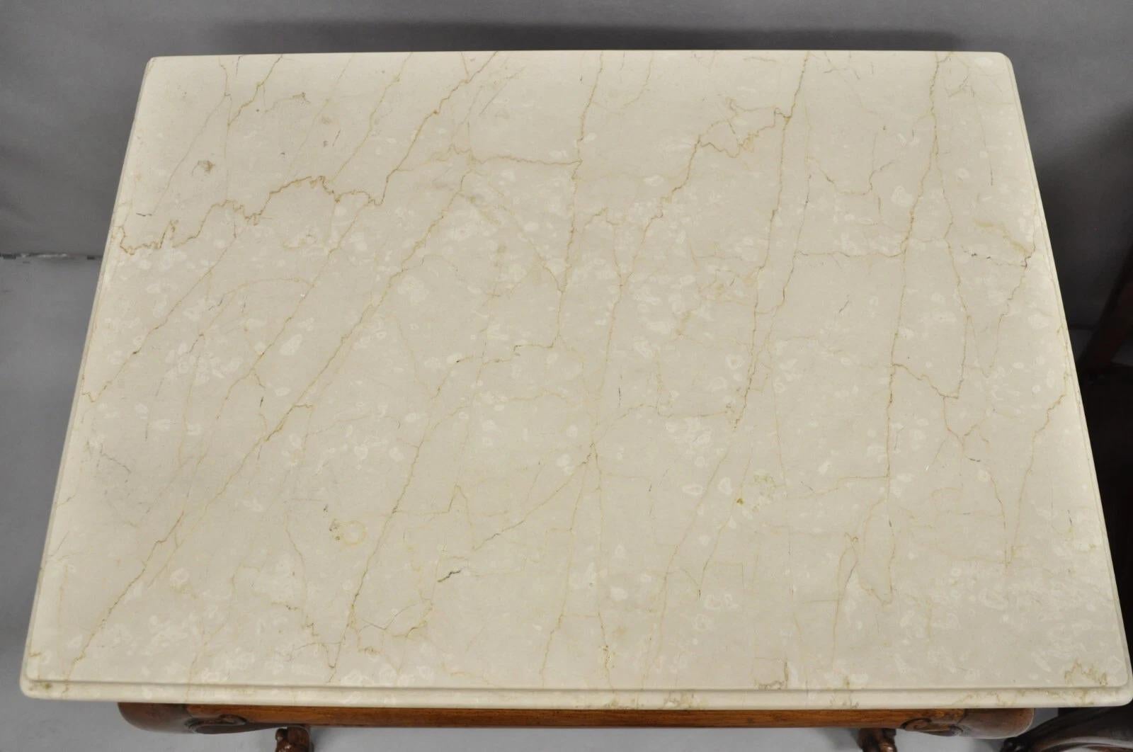 French Country Provincial Rectangle Travertine Marble Top Walnut End Table Pair In Good Condition For Sale In Philadelphia, PA