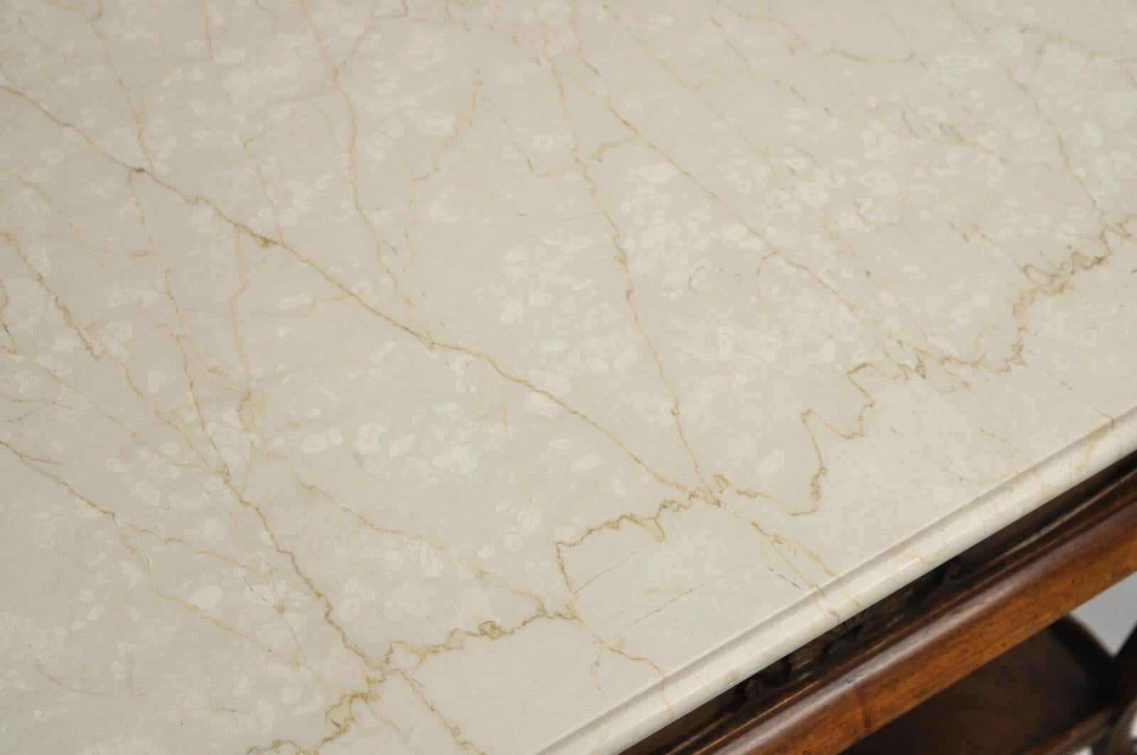 20th Century French Country Provincial Rectangle Travertine Marble Top Walnut End Table Pair For Sale