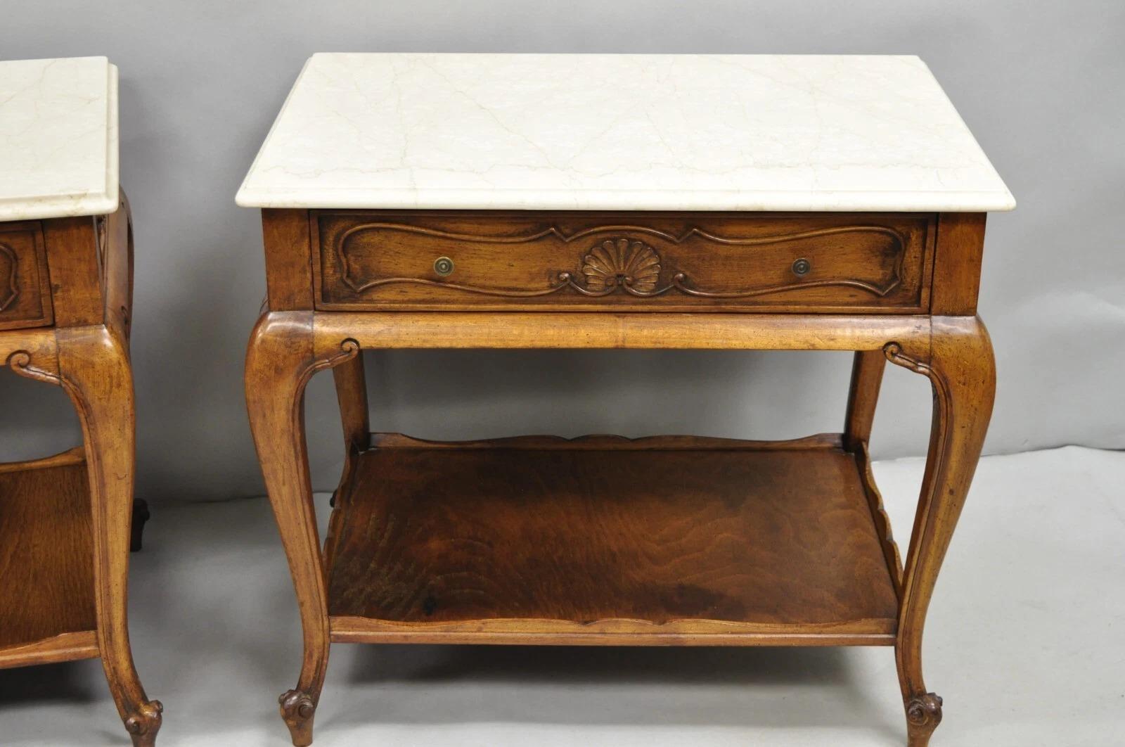 French Country Provincial Rectangle Travertine Marble Top Walnut End Table Pair For Sale 1