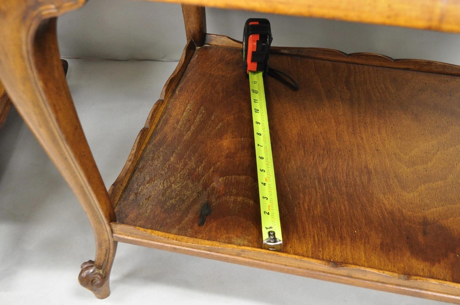 French Country Provincial Rectangle Travertine Marble Top Walnut End Table Pair For Sale 2