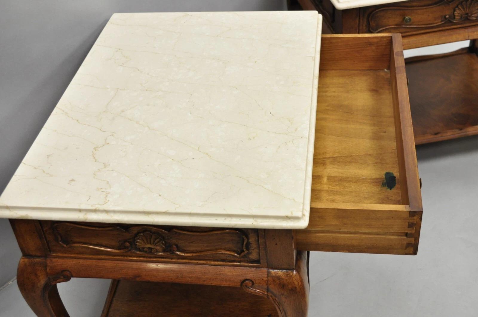 French Country Provincial Rectangle Travertine Marble Top Walnut End Table Pair For Sale 3
