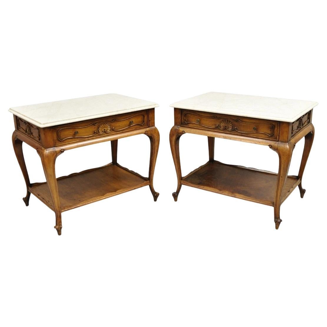 French Country Provincial Rectangle Travertine Marble Top Walnut End Table Pair For Sale