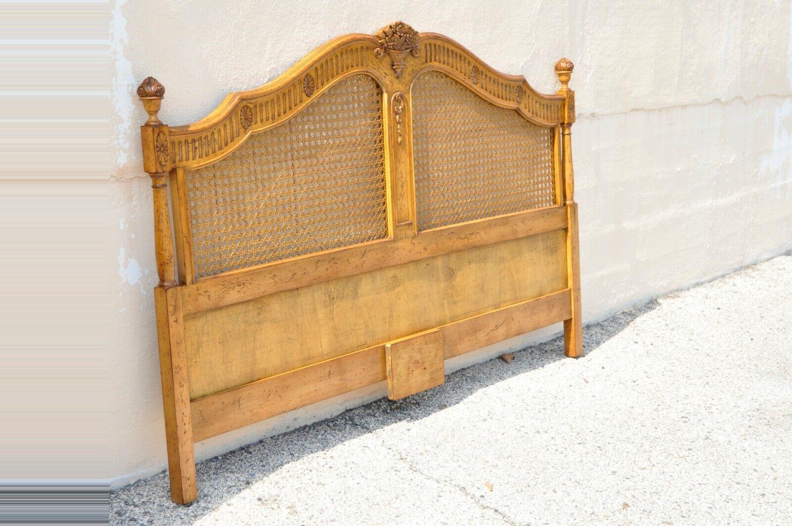 Vintage French Country Provincial Style cane Panel king size bed headboard attr. Karges. Item features cane panels, solid wood construction, distressed finish, nicely carved details, very nice vintage item, quality American craftsmanship, great