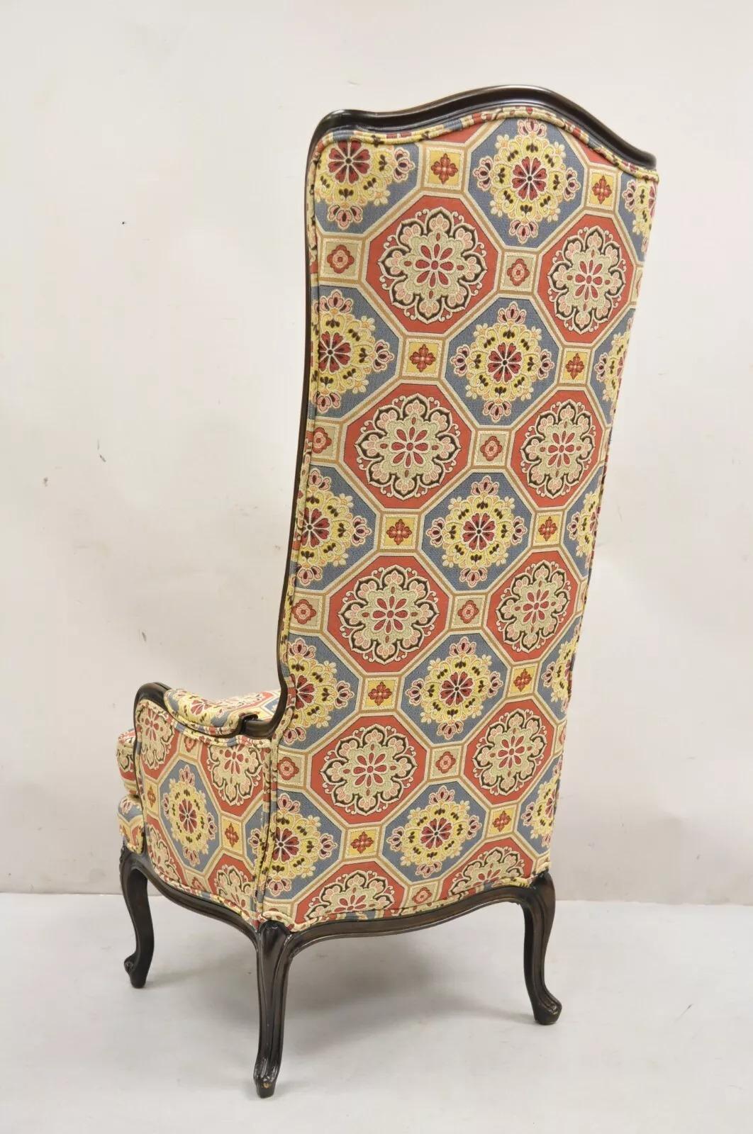 French Country Provincial Style Carved Walnut High Back Blue & Red Lounge Chair For Sale 3