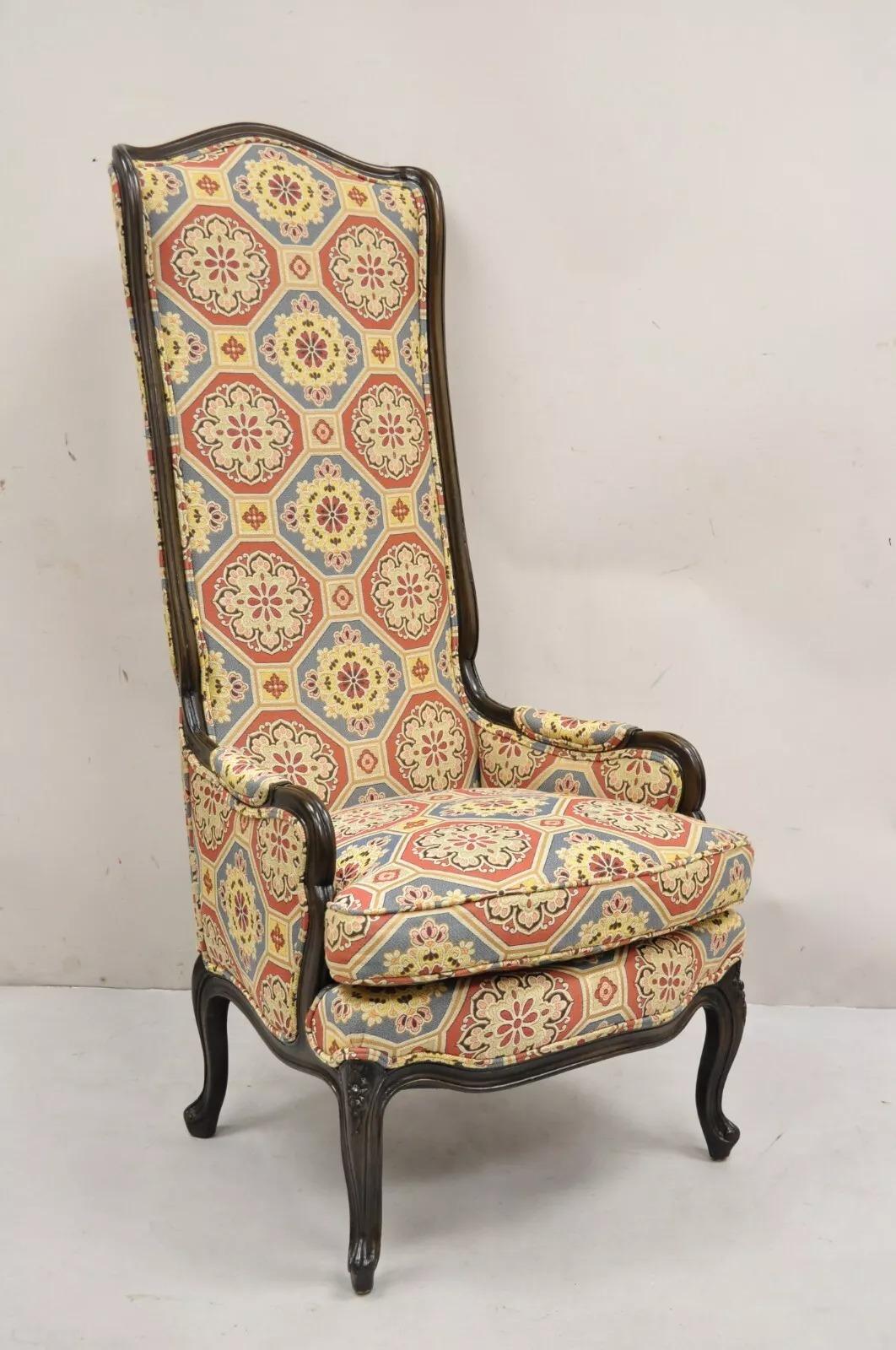 French Country Provincial Style Carved Walnut High Back Blue & Red Lounge Chair For Sale 4