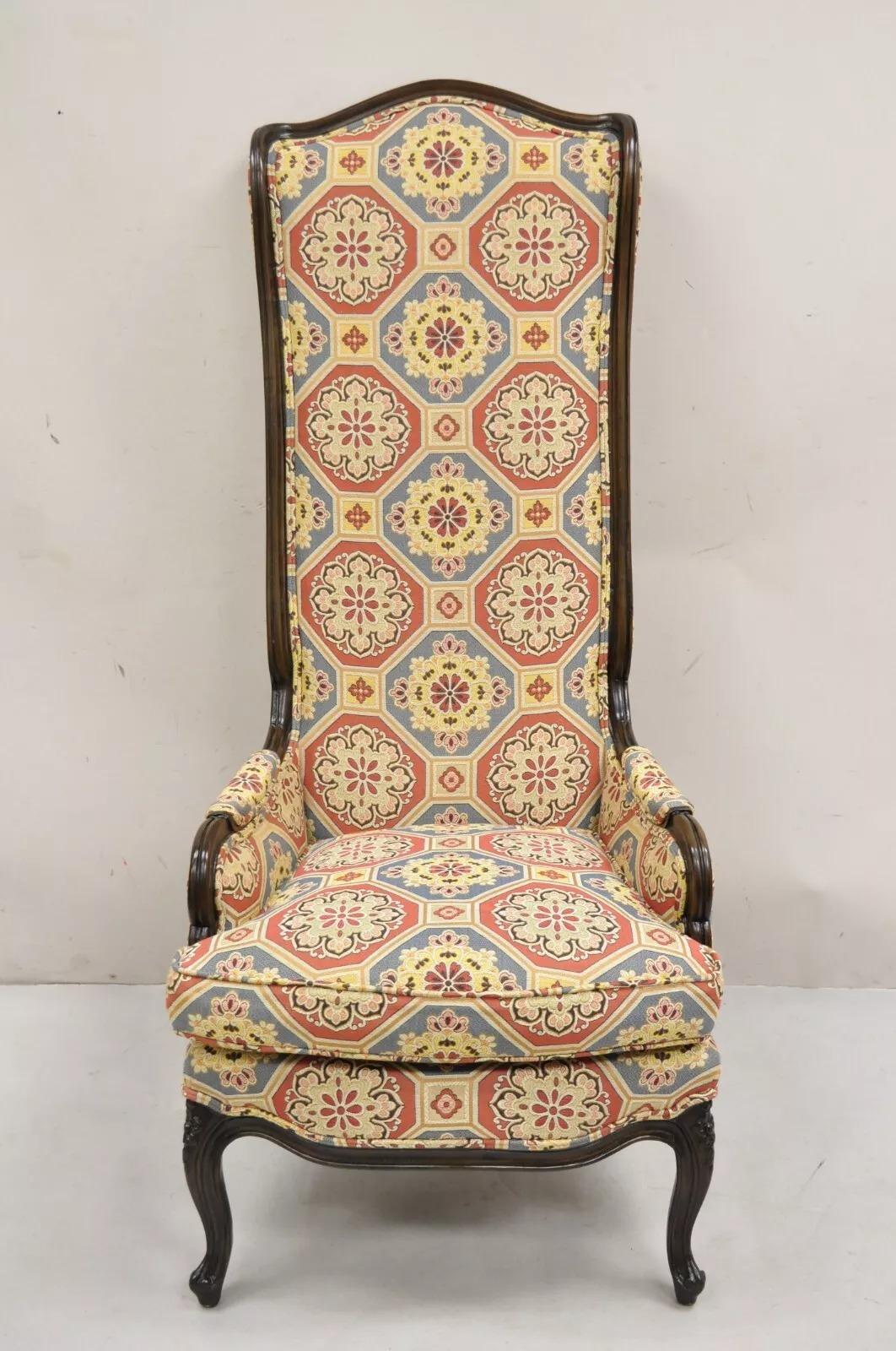 French Country Provincial Style Carved Walnut High Back Blue & Red Lounge Chair. Circa Late 20th Century. Measurements: 54