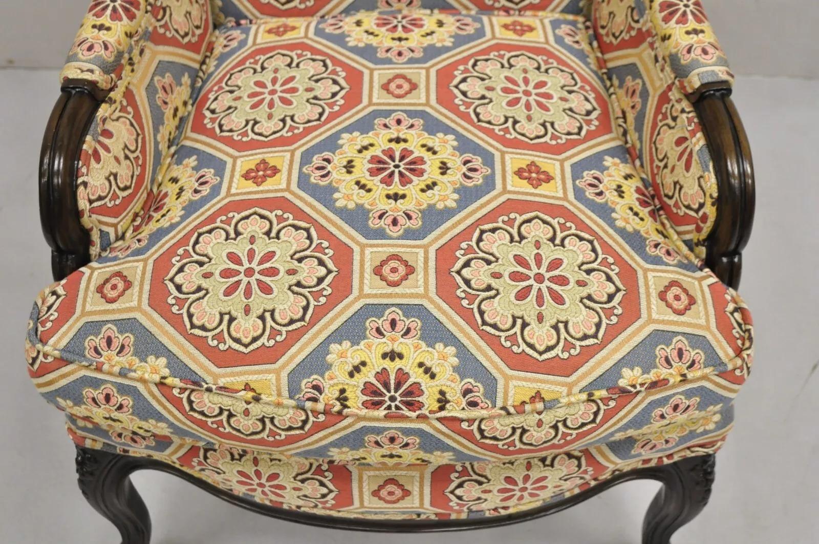 French Country Provincial Style Carved Walnut High Back Blue & Red Lounge Chair In Good Condition For Sale In Philadelphia, PA