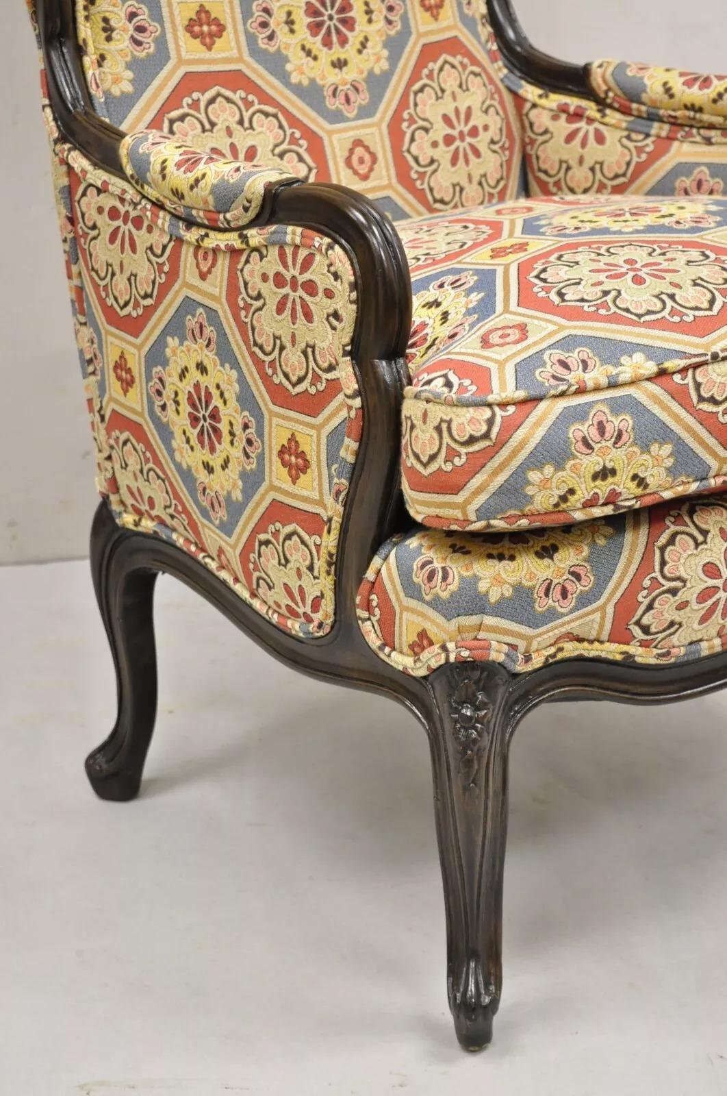 20th Century French Country Provincial Style Carved Walnut High Back Blue & Red Lounge Chair For Sale