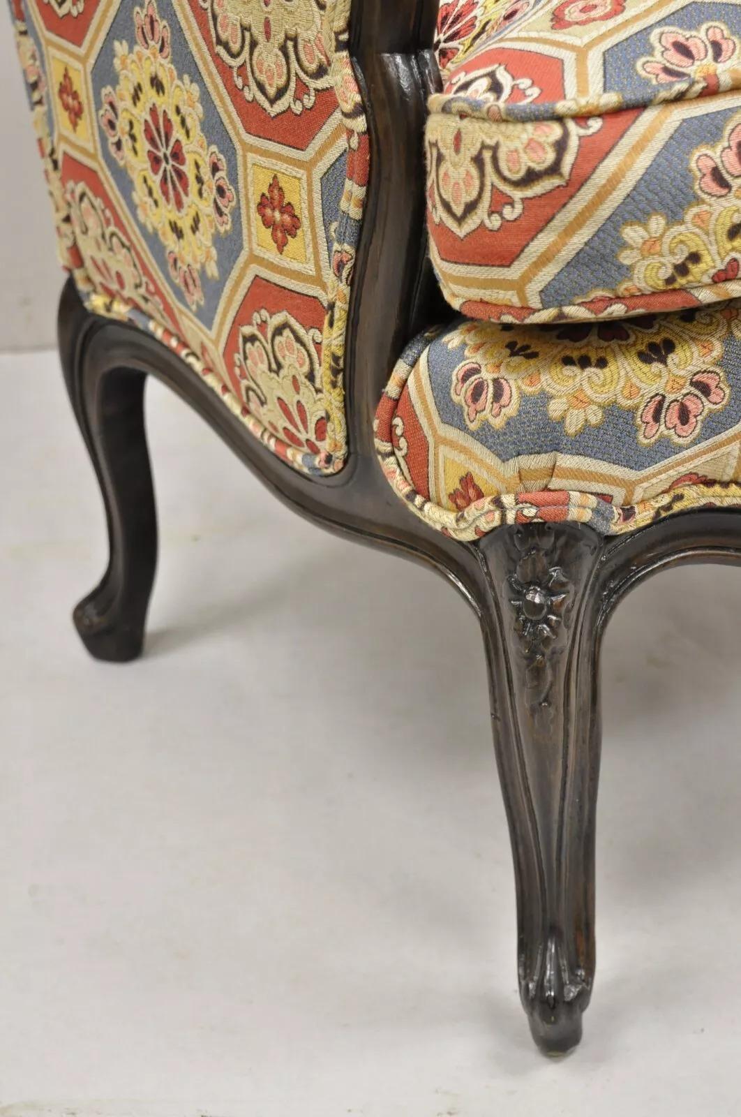 Fabric French Country Provincial Style Carved Walnut High Back Blue & Red Lounge Chair For Sale