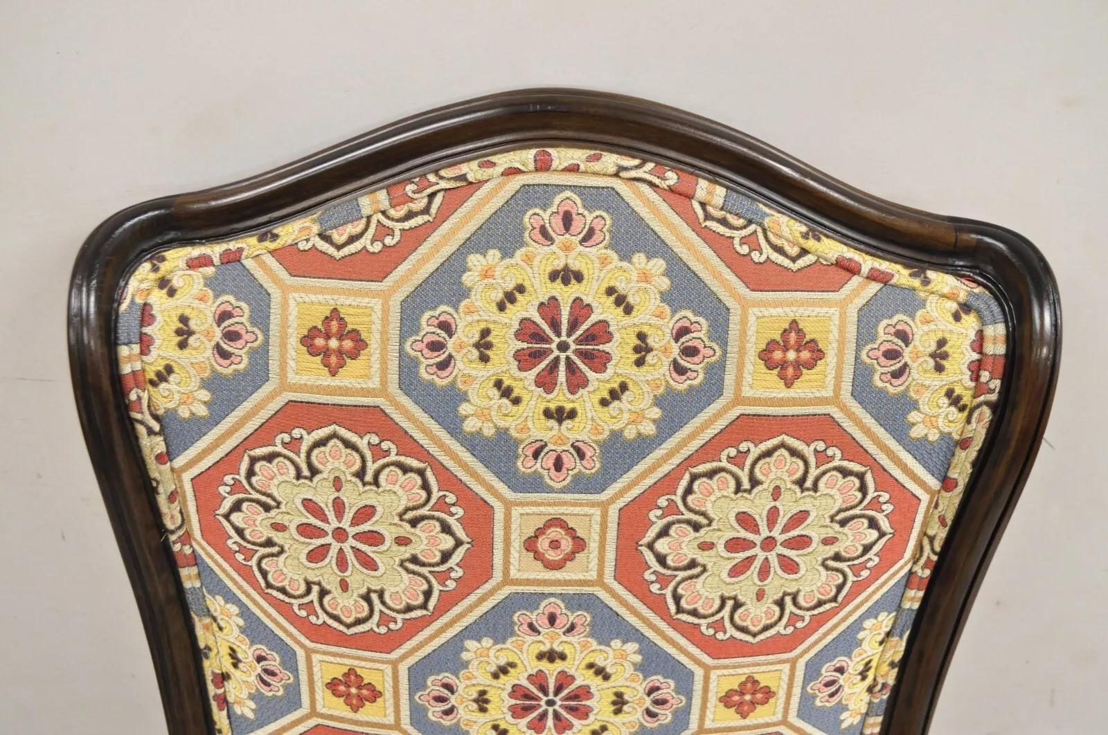 French Country Provincial Style Carved Walnut High Back Blue & Red Lounge Chair For Sale 1