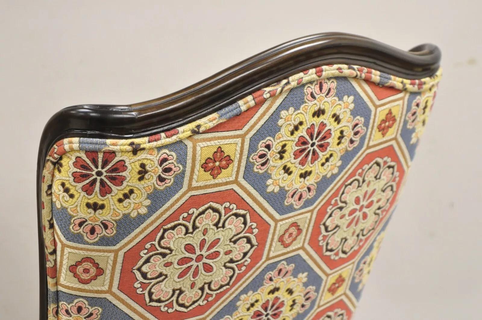 French Country Provincial Style Carved Walnut High Back Blue & Red Lounge Chair For Sale 2