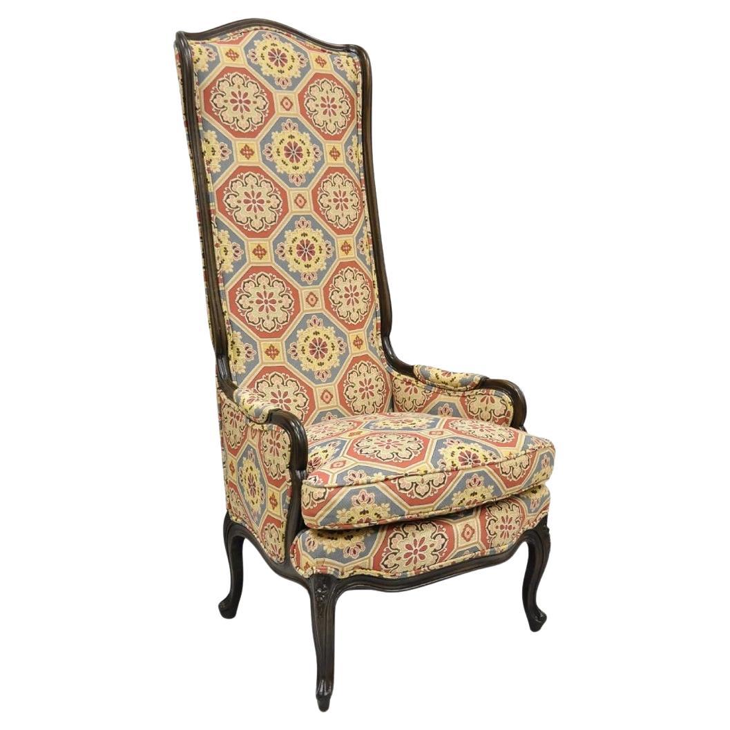 French Country Provincial Style Carved Walnut High Back Blue & Red Lounge Chair