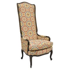 French Country Provincial Style Carved Walnut High Back Blue & Red Lounge Chair