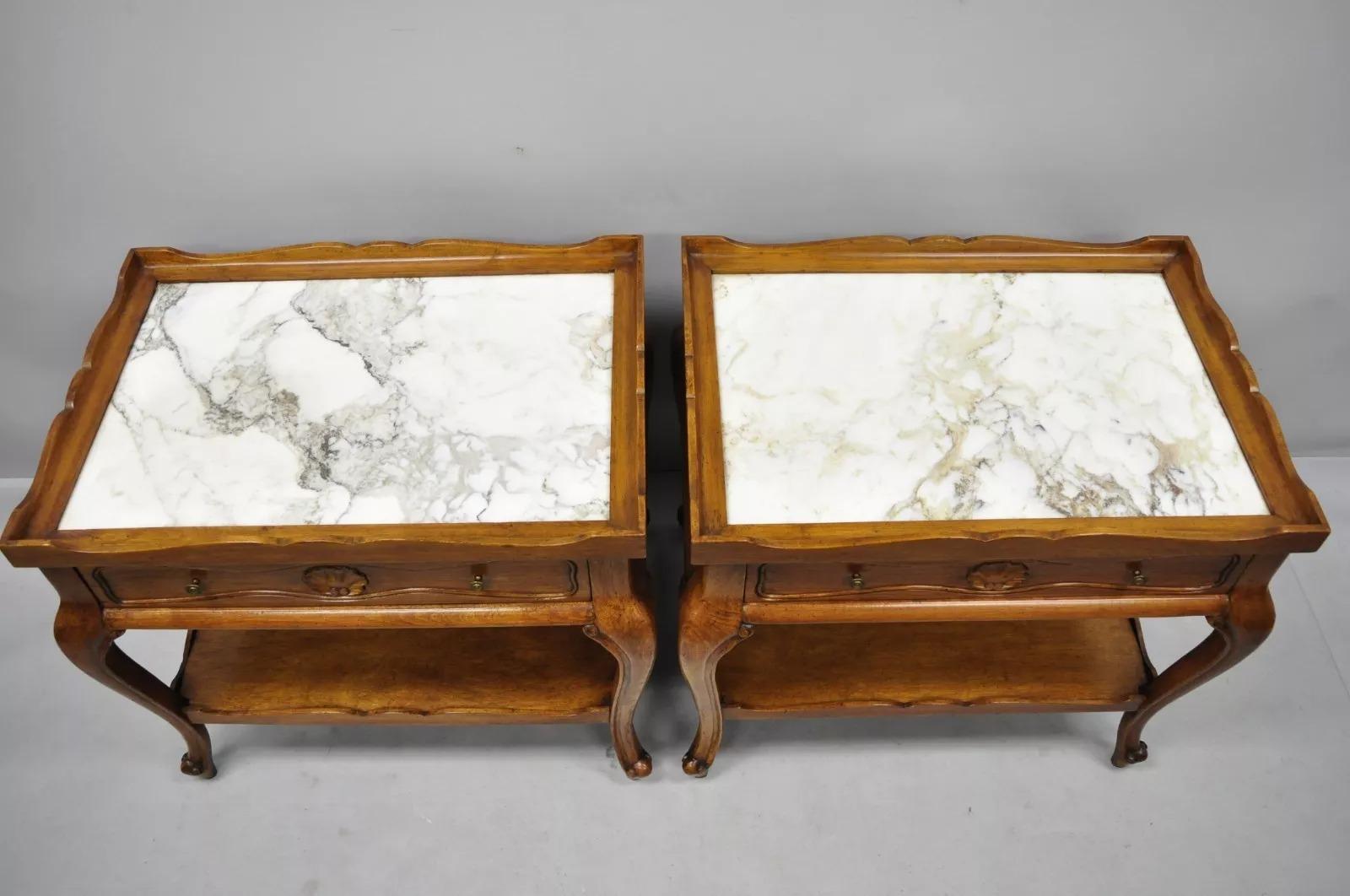 French Country Provincial Style Marble Top Shell Carved Danby End Tables - Pair 6