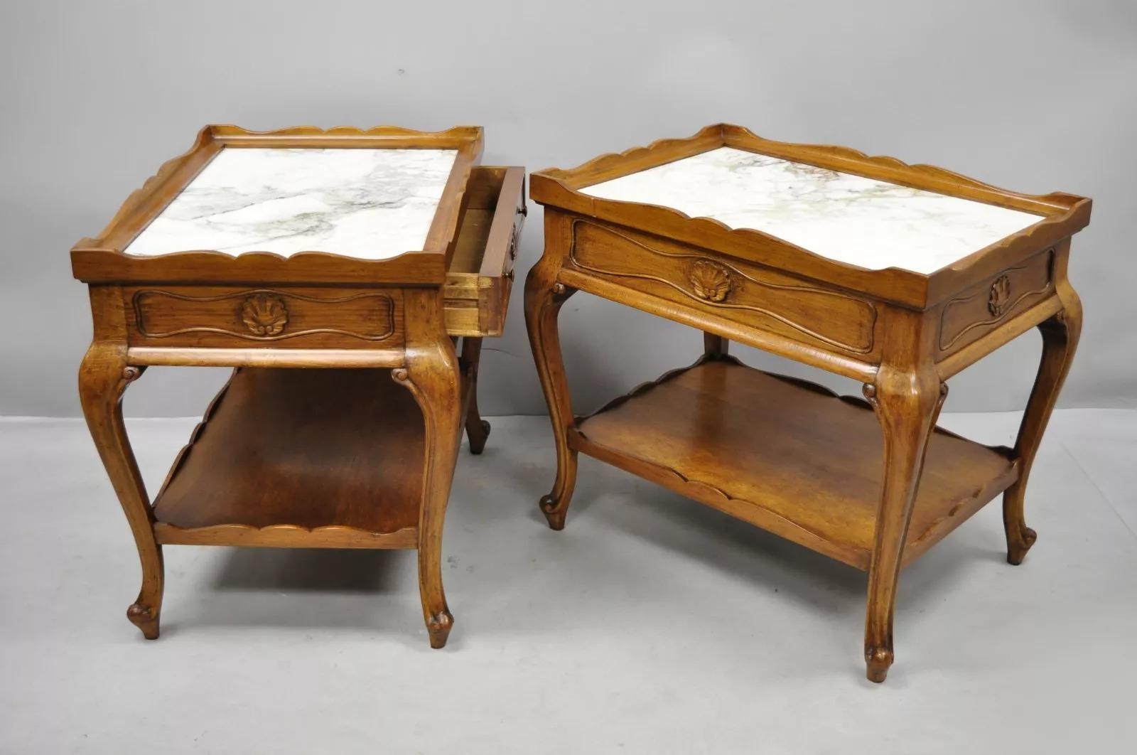Other French Country Provincial Style Marble Top Shell Carved Danby End Tables - Pair