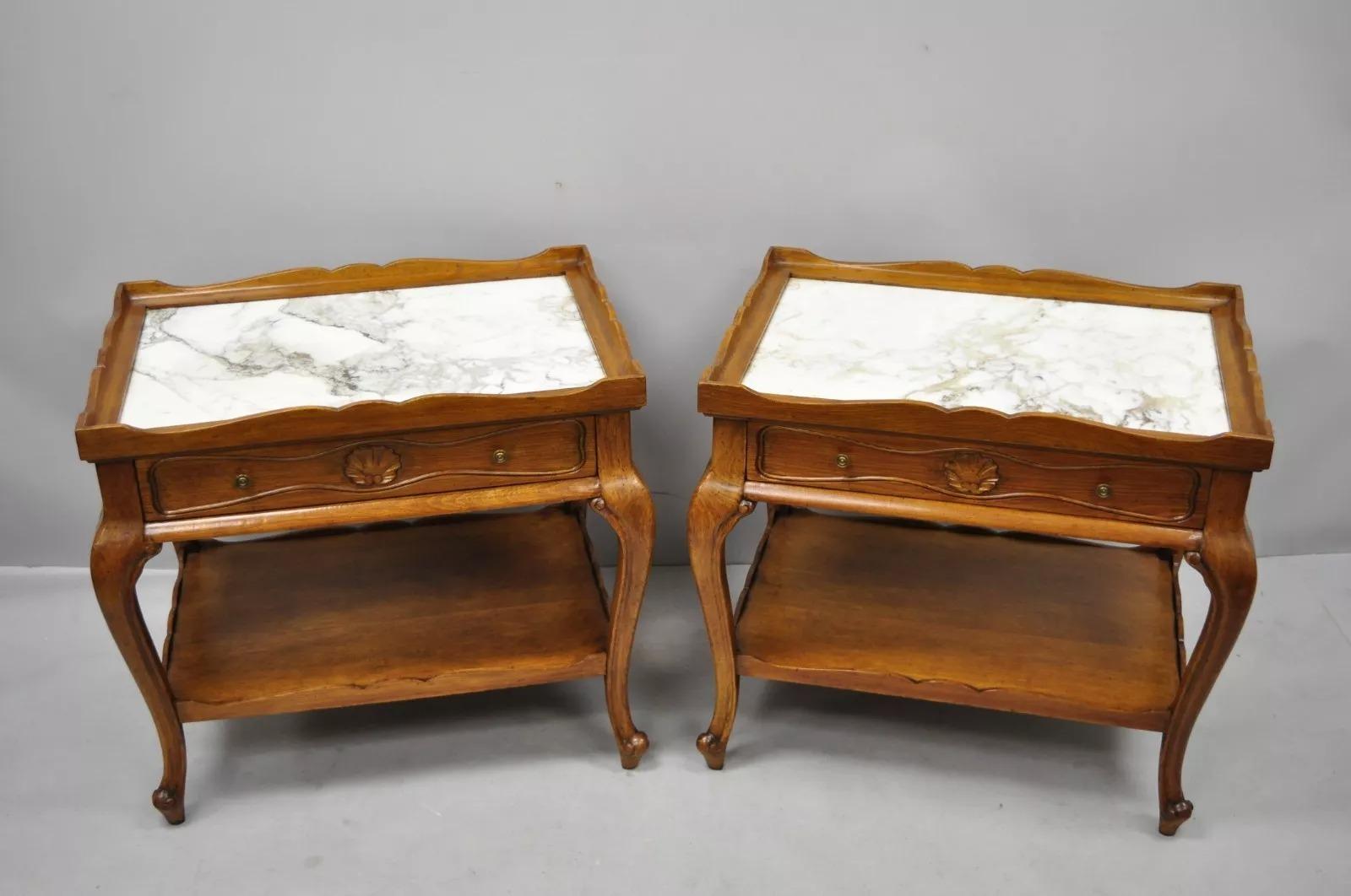 Unknown French Country Provincial Style Marble Top Shell Carved Danby End Tables - Pair