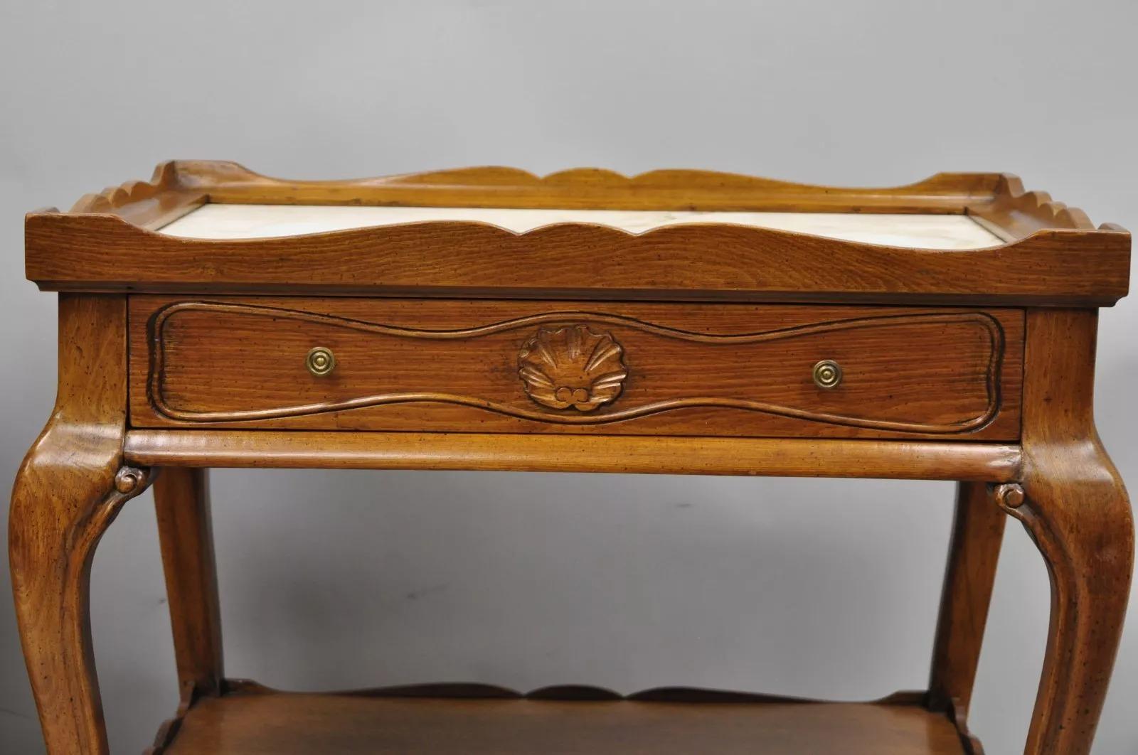 French Country Provincial Style Marble Top Shell Carved Danby End Tables - Pair 1