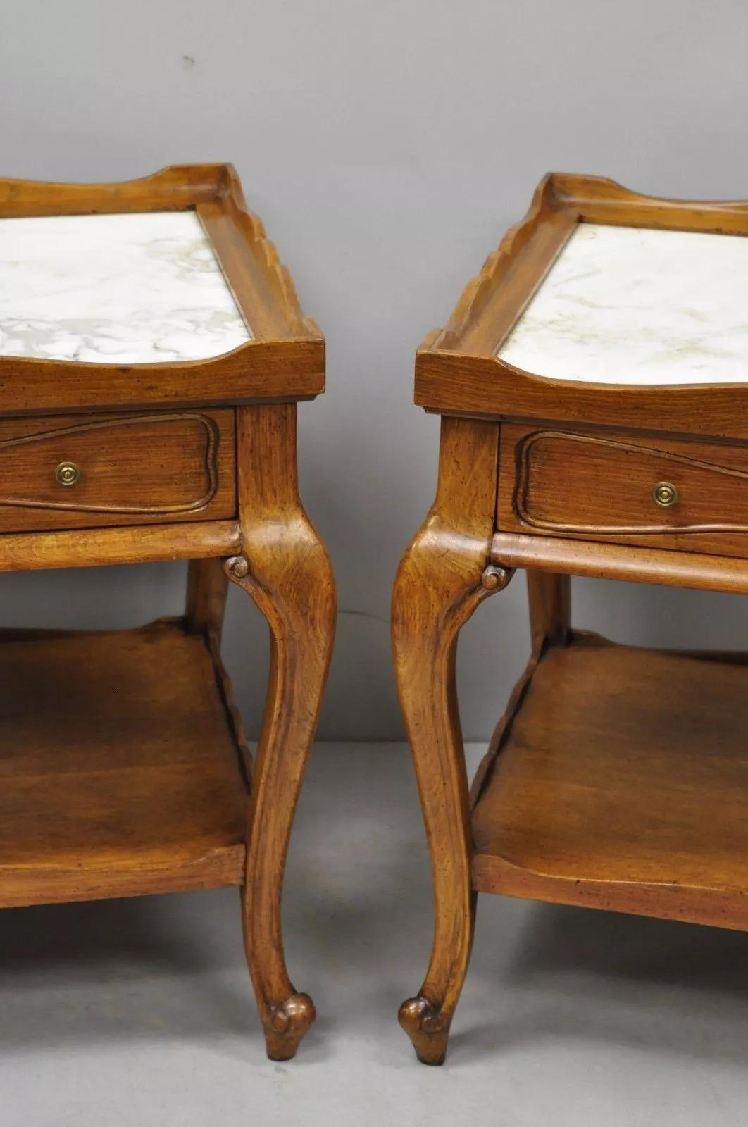 French Country Provincial Style Marble Top Shell Carved Danby End Tables - Pair 2