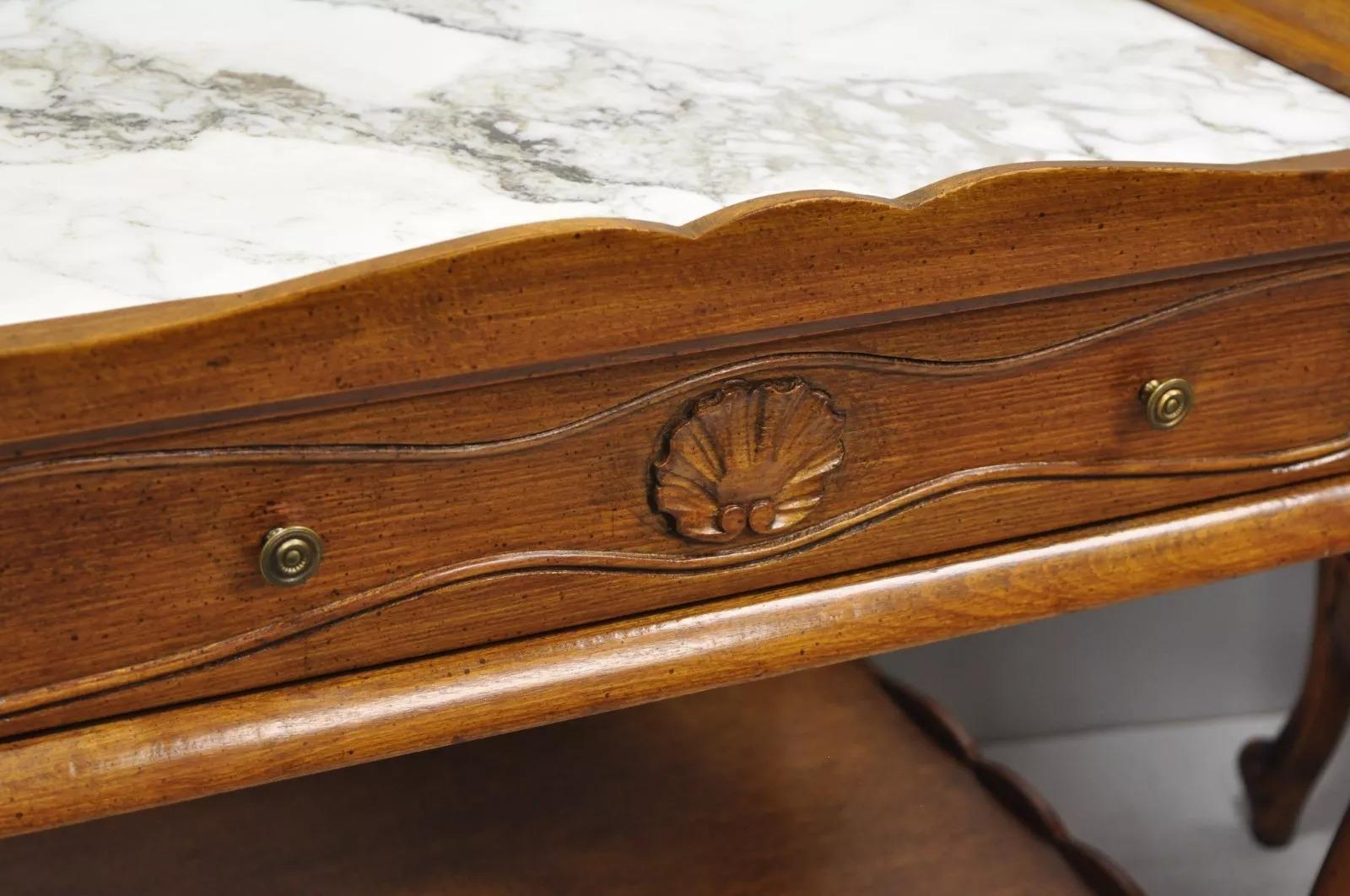 French Country Provincial Style Marble Top Shell Carved Danby End Tables - Pair 3