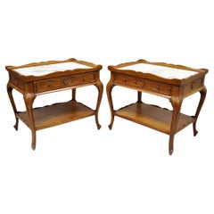 French Country Provincial Style Marble Top Shell Carved Danby End Tables - Pair