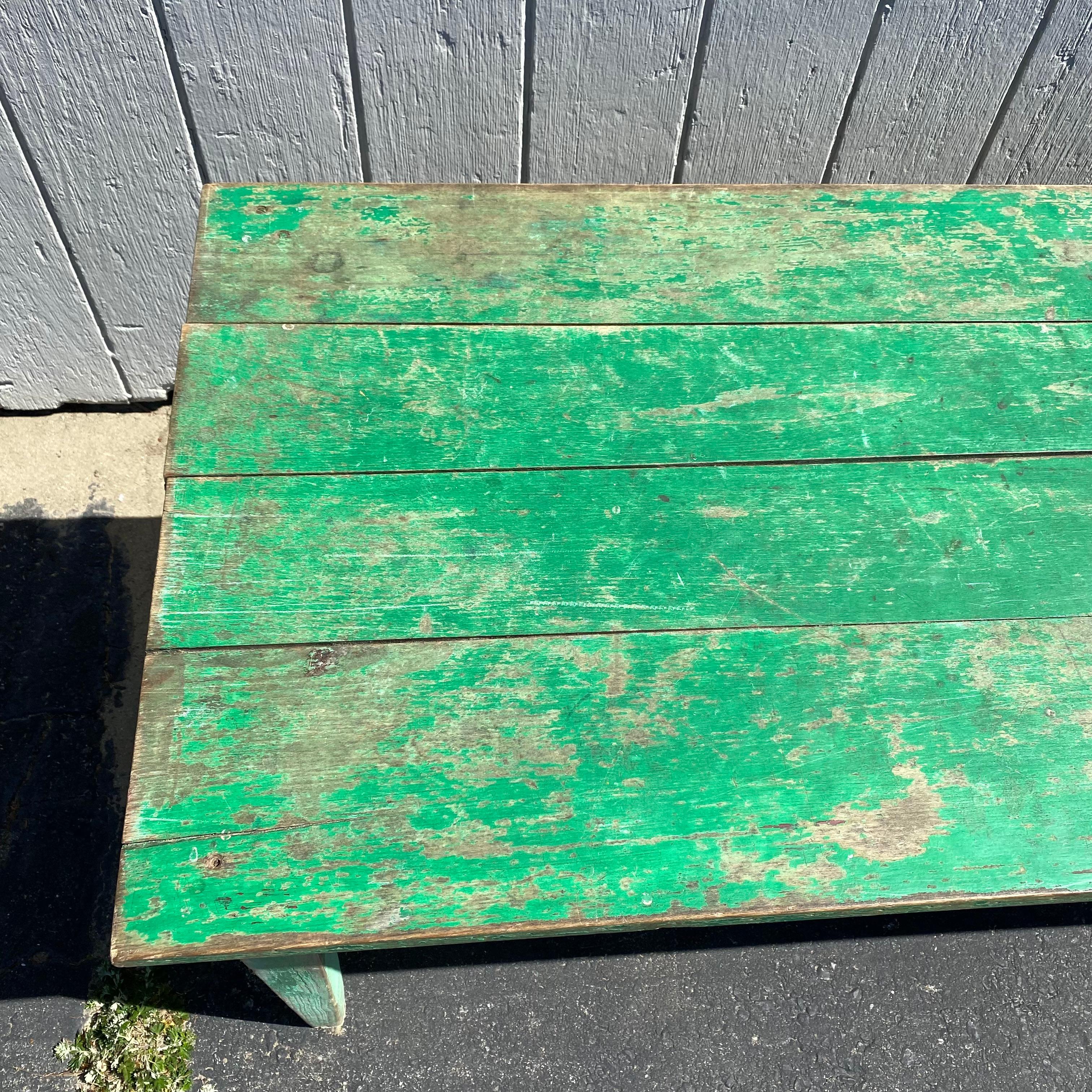 French Country Provinicial Farm Table with Original Green Paint In Distressed Condition In Hopewell, NJ