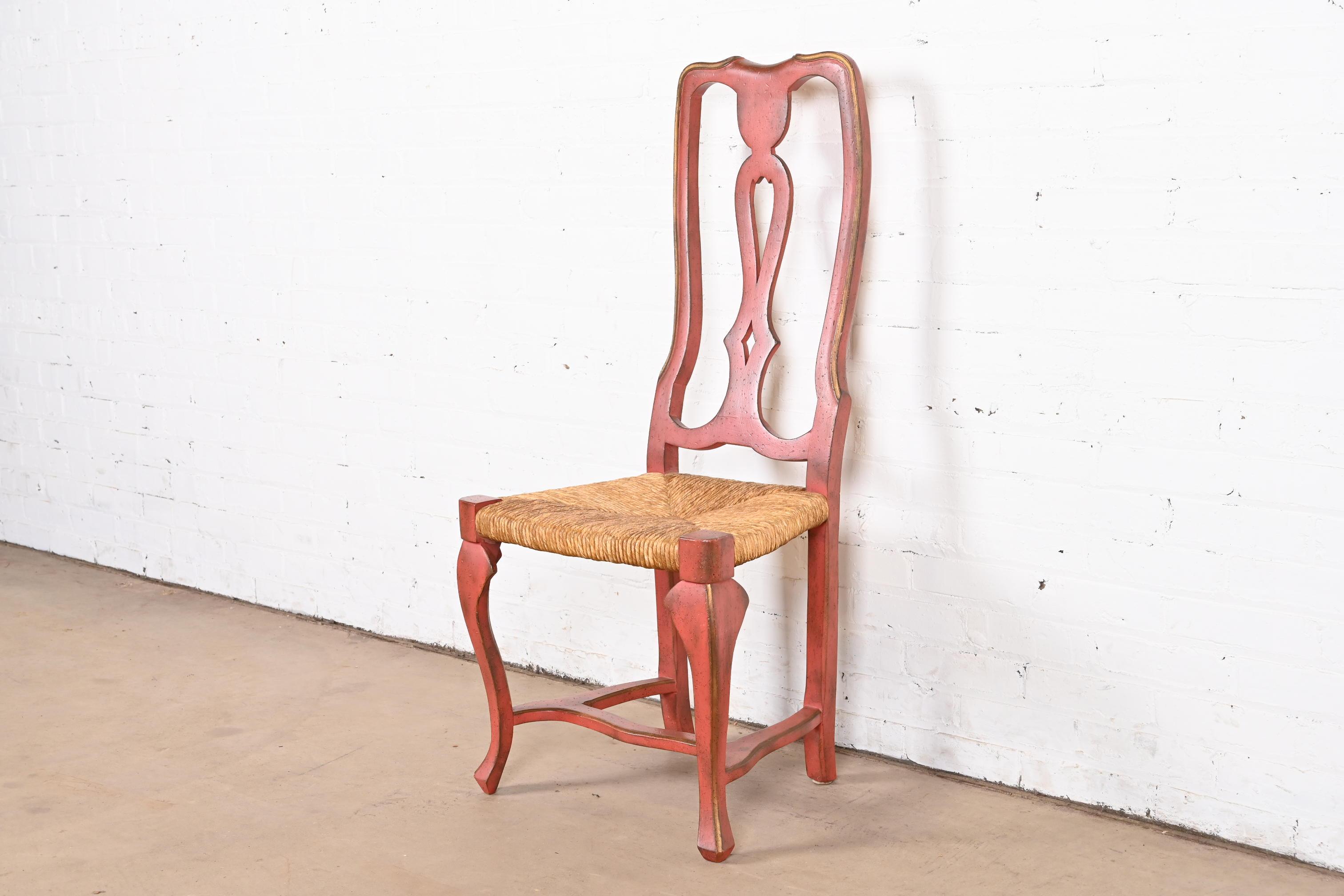 French Country Red Painted and Gold Gilt Rush Seat Dining Chairs, Set of Eight For Sale 4