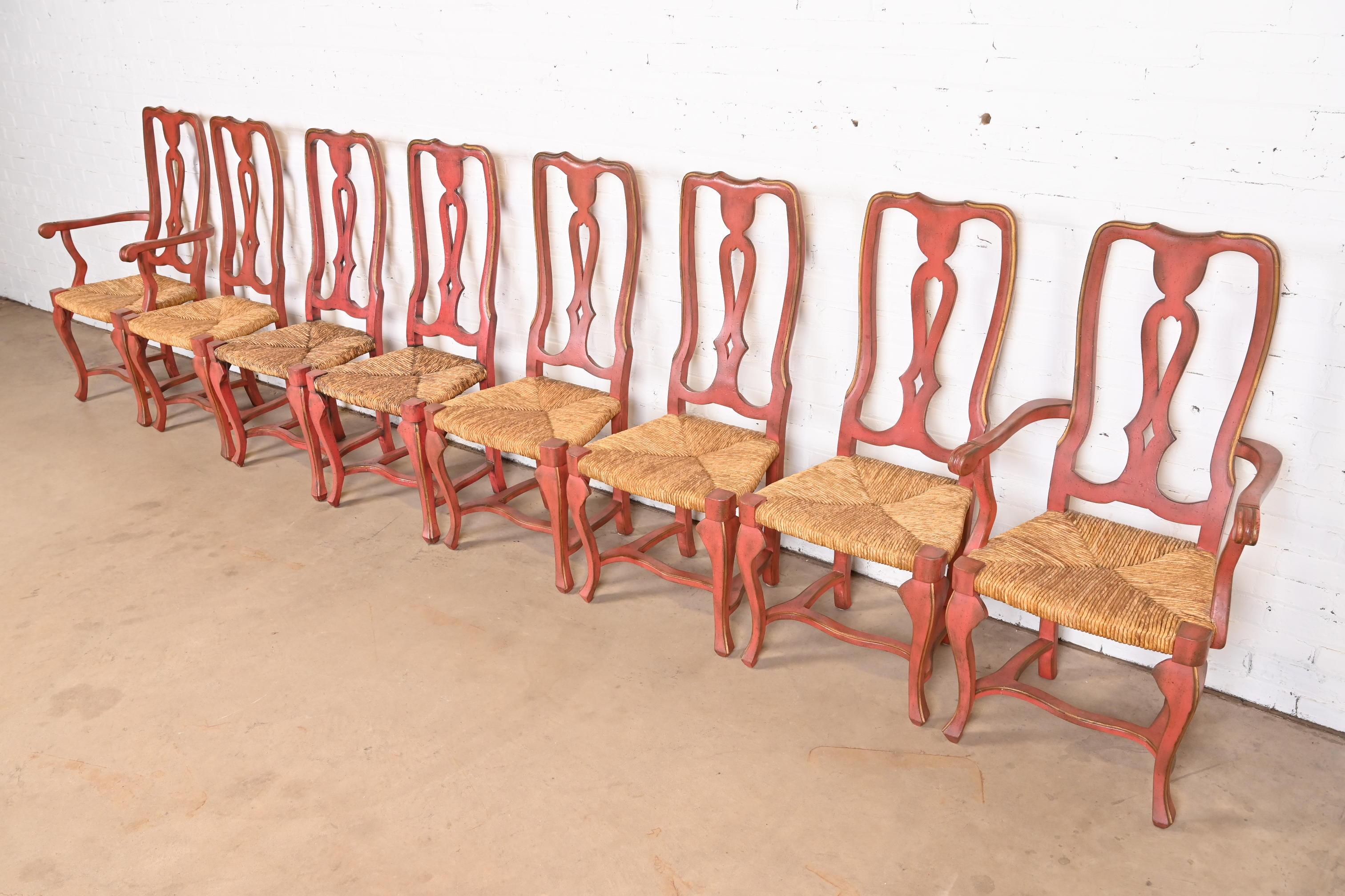 American French Country Red Painted and Gold Gilt Rush Seat Dining Chairs, Set of Eight For Sale