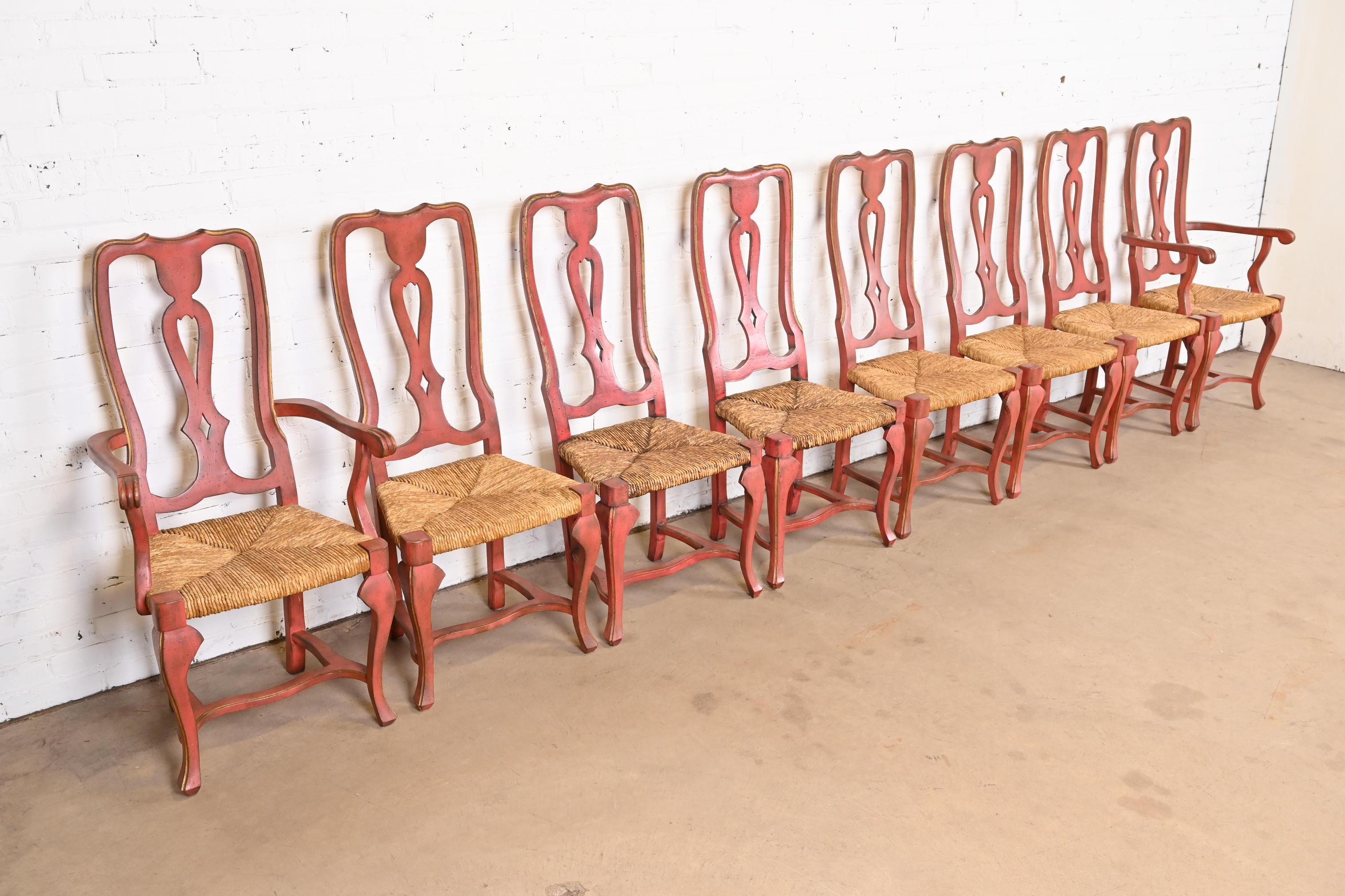20th Century French Country Red Painted and Gold Gilt Rush Seat Dining Chairs, Set of Eight For Sale