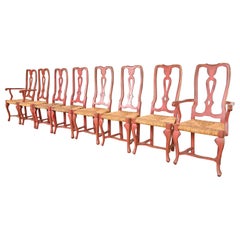 French Country Red Painted and Gold Gilt Rush Seat Dining Chairs, Set of Eight