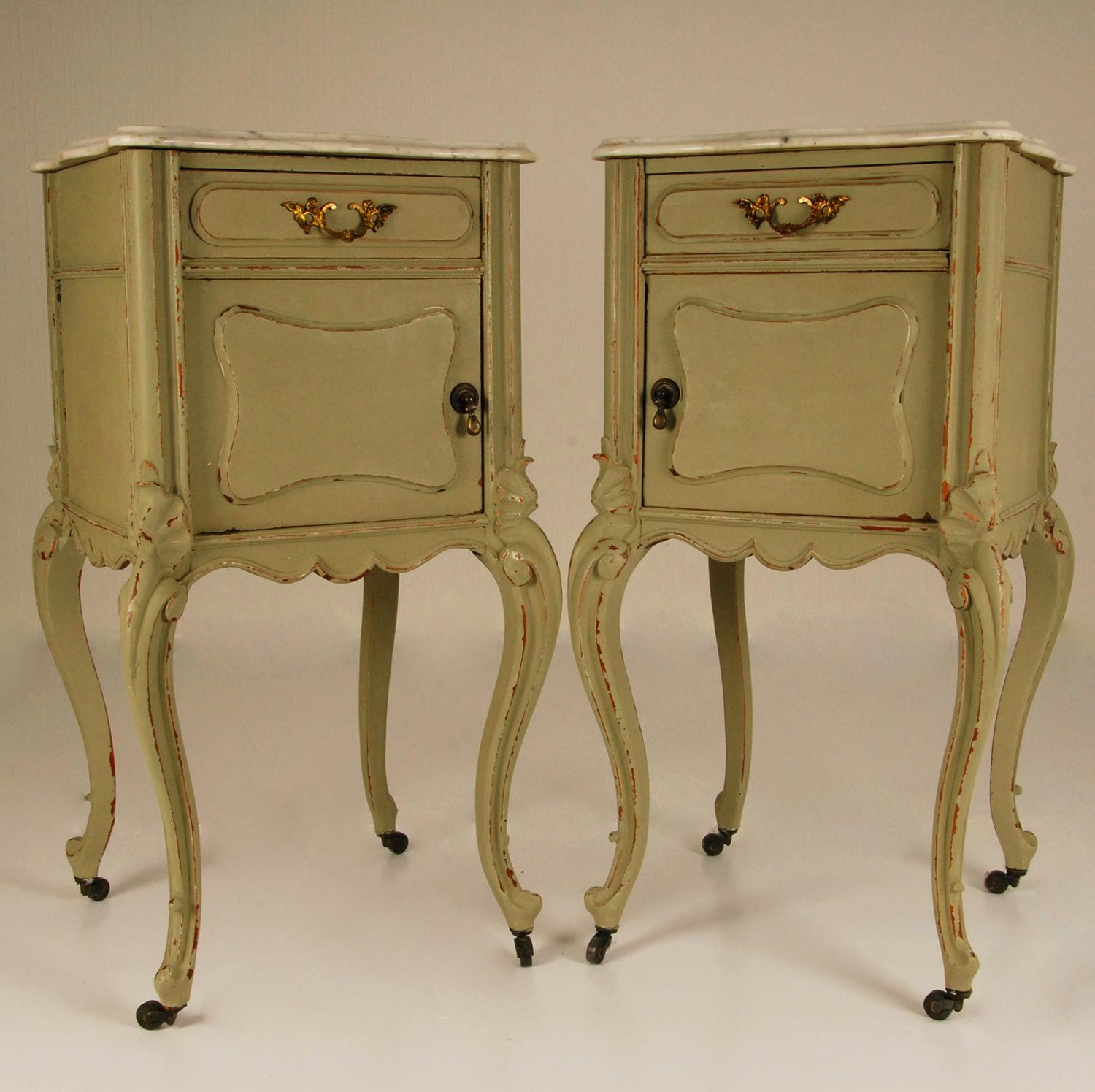 French Country Rococo Distressed Green and White Marble Top Nightstands, a Pair 3