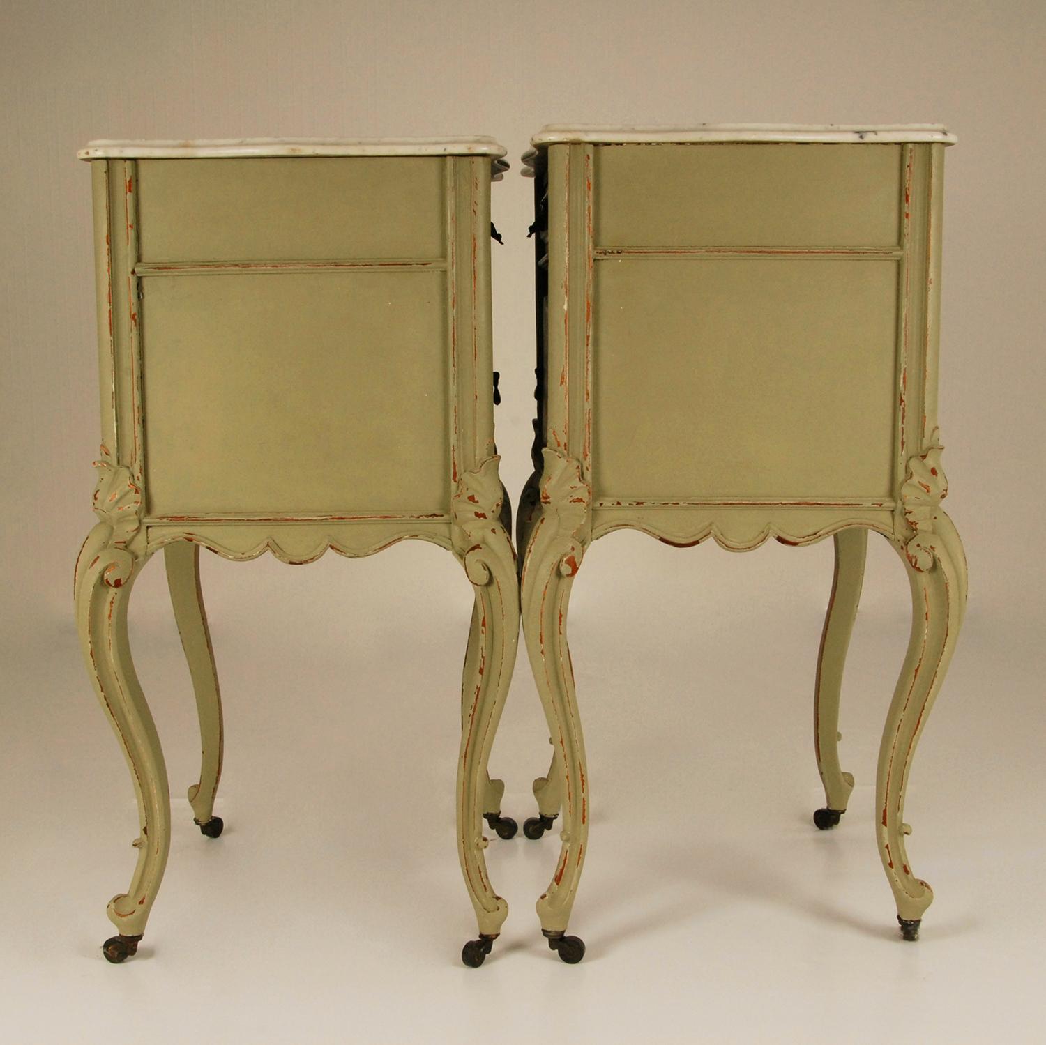 French Country Rococo Distressed Green and White Marble Top Nightstands, a Pair 4