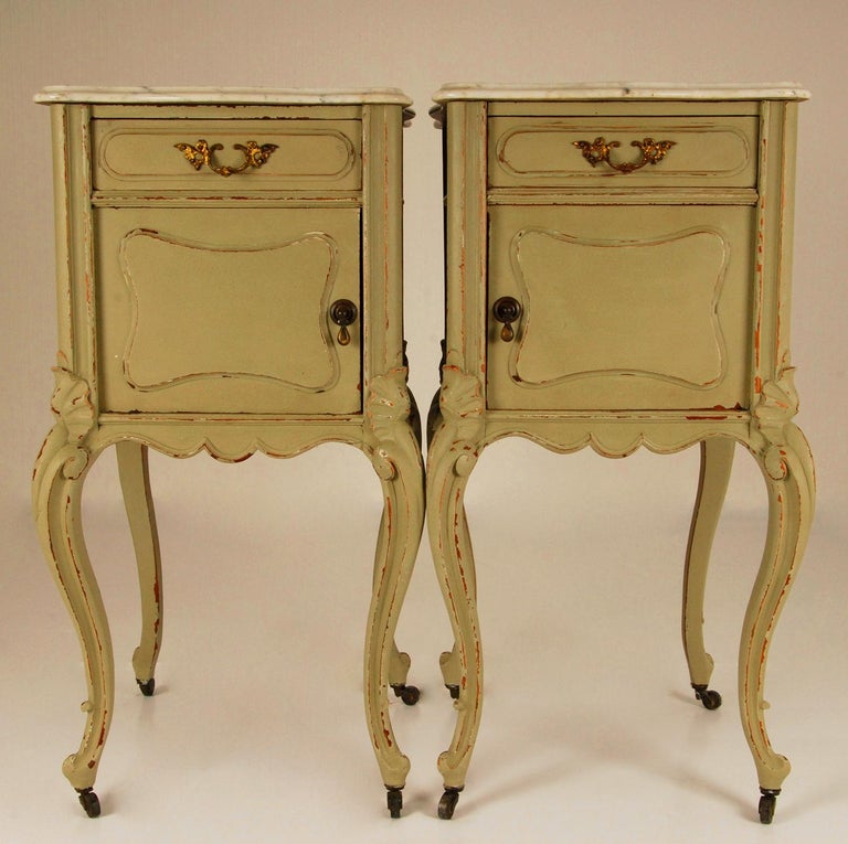 French Country Rococo Distressed Green and White Marble Top Nightstands, a Pair For Sale at 1stDibs