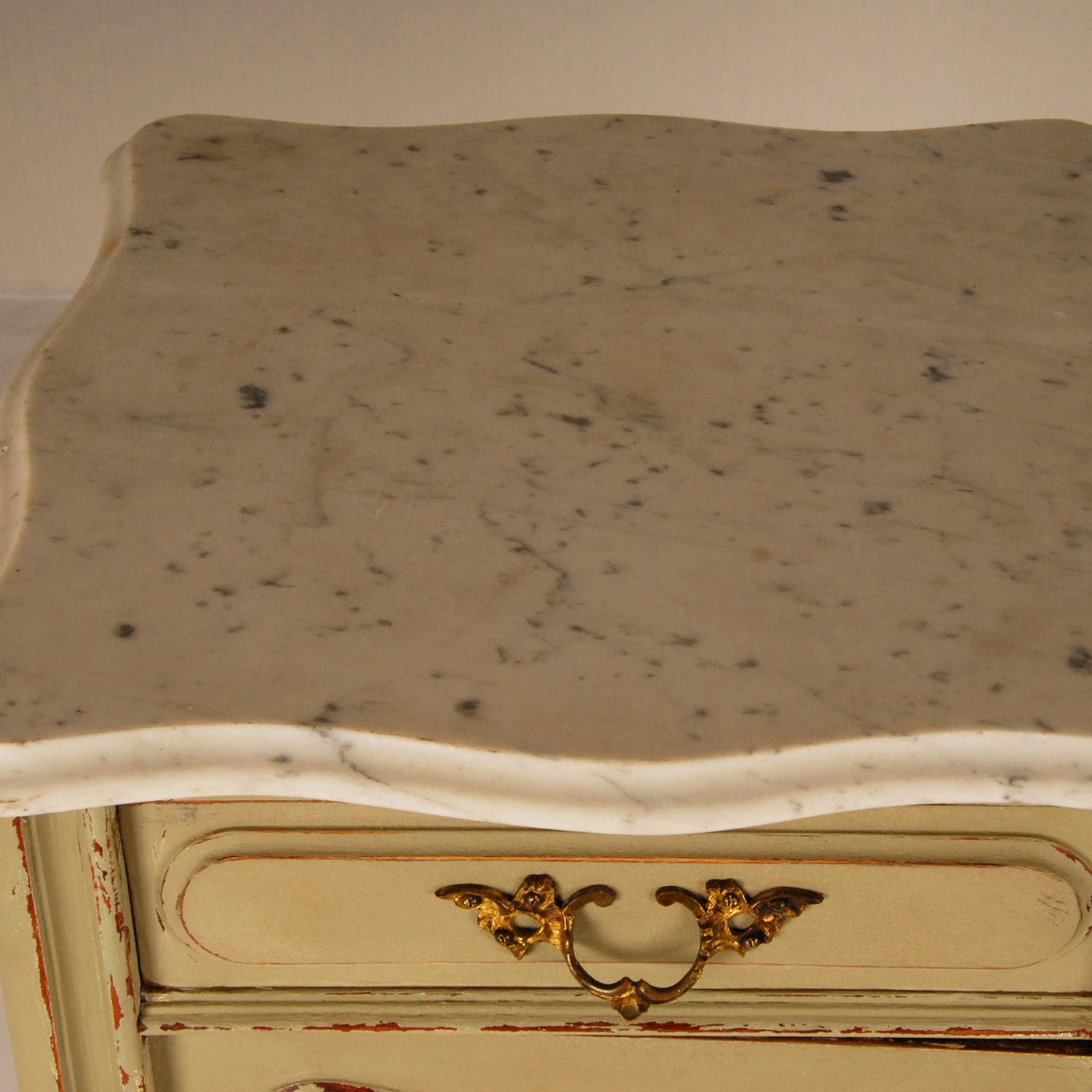 French Country Rococo Distressed Green and White Marble Top Nightstands, a Pair 6