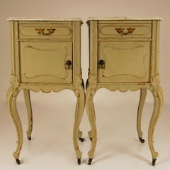 French Country Rococo Distressed Green and White Marble Top Nightstands, a Pair